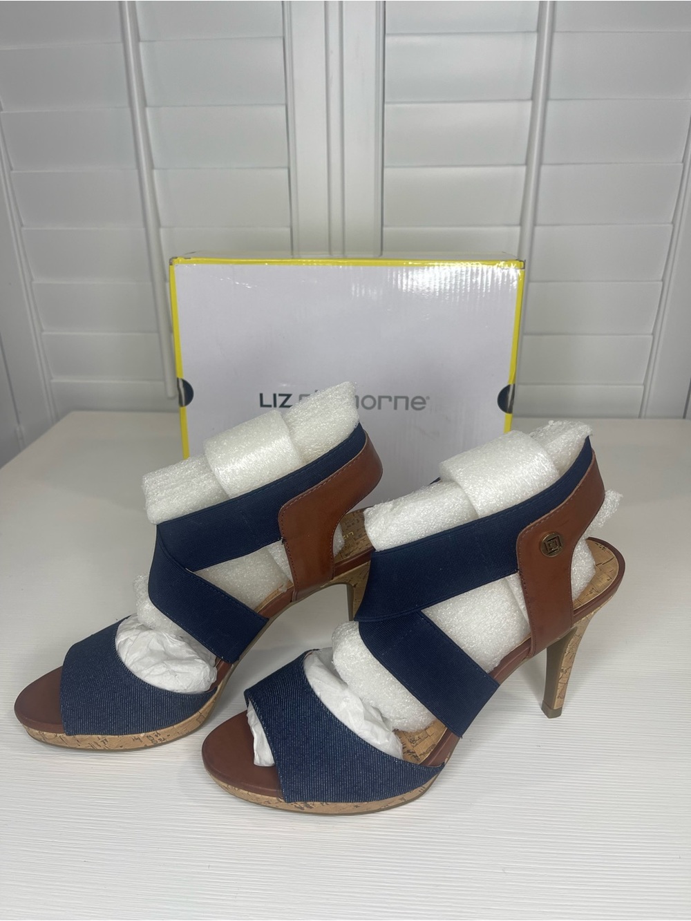 Liz Claiborne Denim and Brown Strappy High Heel Sandals